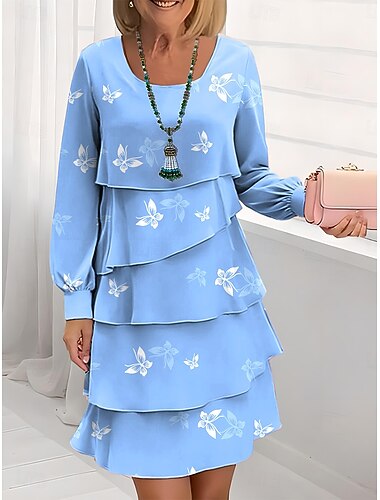  Dame Knelang kjole Uformell kjole Chiffonkjoler Skiftkjole Lag-på-lagkjole Elegant Ferie Fest Normal Blomstret Langermet Crew-hals Svart Hvit Blå Grønn Sommer Vår Høst