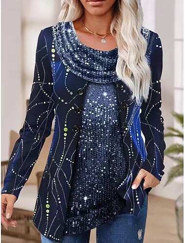  Julekvinners fløyels kvelds topper paljetter topper ensfarget elegant fest stilfull langermet rund hals cowl hals lange topper arbeid fest antrekk kveldsfest paljetter drapert svart rød blå gull vår