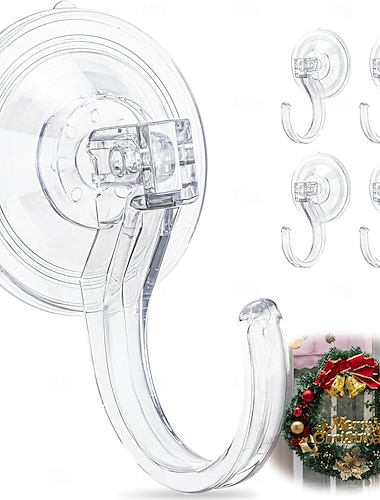  吸盤リースフック4個 – 頑丈、最大18ポンド（8.2kg）まで保持、1.8インチの大型フック、ハロウィーンやクリスマスのリースに最適、工具不要、ガラスのドアや窓を傷つけません。