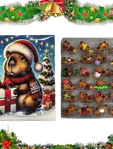  Kalendarz adwentowy z kapibarami na rok 2025, 24-dniowy kalendarz adwentowy z odliczaniem do świąt Bożego Narodzenia, 24 ozdoby z kapibarami, trójwymiarowe ozdoby kolekcjonerskie z kapibarami, urocze