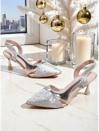  scarpe da donna con tacco a spillo e cinturino posteriore, eleganti scarpe da festa metallizzate con design ritagliato &tacco a spillo, perfetto per Natale, matrimoni &eventi serali