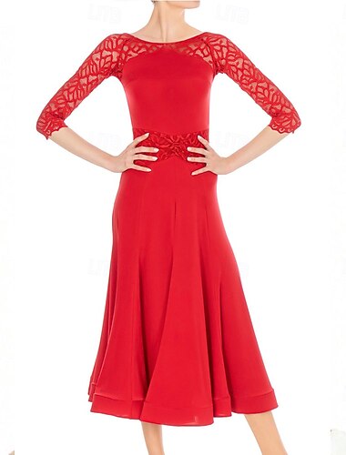  Kjole til dame med blonder, halvlange ermer, vals, tango, foxtrot, konkurranseopptreden, øvelseskjole – rød