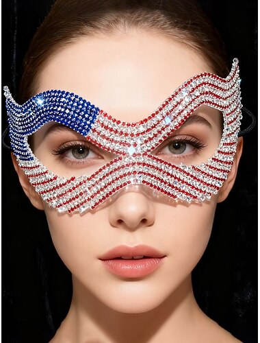  Γυναικεία μάσκα μεταμφίεσης με στρας και αμερικανική σημαία, κόκκινη μπλε κρυστάλλινη μάσκα προσώπου για γυναίκες, πατριωτικό αξεσουάρ στολής για χορούς μεταμφίεσης, πάρτι &φεστιβάλ
