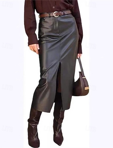 Damen Rock Gerade Mode Sexy Lässig Midi Hohe Taille Röcke Einfach Patchwork Tasche Gespleißte Enden Unelastisch Büro / Karriere Straße Schwarz Herbst Kunstleder Polyester   Damen Rock Gerade Mode Sexy Lässig Midi Hohe Taille Röcke Einfach Patchwork Tasche Gespleißte Enden Unelastisch Büro / Karriere Straße Schwarz Herbst Kunstleder Polyester