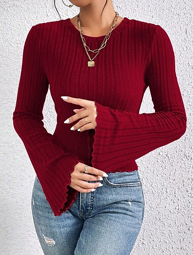  Femmes Chemisier Uni Élégant ancien Tropical manche longue Manche cloche Col ras du cou Hauts Réguliers Travail Quotidien Fête Vin Automne Hiver