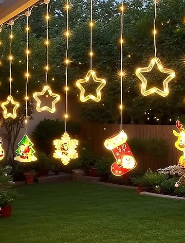  LED Zasłony Świąteczne Oświetlenie 3M Zasilane USB lub Baterią Świąteczne Świetlne z Gwiazdami Płatkami Śniegu i Migotaniem na Boże Narodzenie Wesela Ogrody Domu Balkon Imprezy Dekoracja Świąteczna