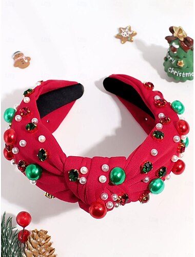  Γυναικεία πράσινη χριστουγεννιάτικη κορδέλα μαλλιών με μαργαριτάρια &πολύχρωμα στρας, κομψό αξεσουάρ μαλλιών με επένδυση για γιορτινά πάρτι, δώρα &χειμερινές στολές