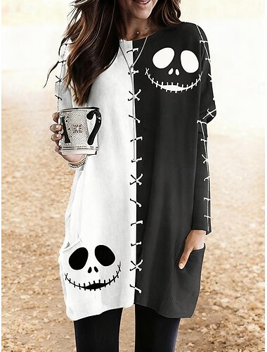  Γυναικείο T-Shirt Μοντέρνα Γραφικό Vintage Μόδα Μακρύ Μανίκι Crew Λαιμός Μακρά Τοπ Καθημερινά Εξόδους Σαββατοκύριακο Τσέπη Σχέδιο Μαύρο Άσπρο Πορτοκαλί Εκρού Άνοιξη Φθινόπωρο