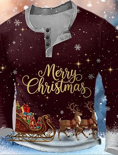  בגדי ריקוד גברים חג המולד גראפי חולצת הנלי וופל סגנון יומיומי סגנון קלאסי שרוול ארוך אופנתי מעצב בסיסי בָּחוּץ קזו'אל יומי חורף קיץ & אביב כחול בורגנדי סגול הנלי חולצת טריקו של הנלי