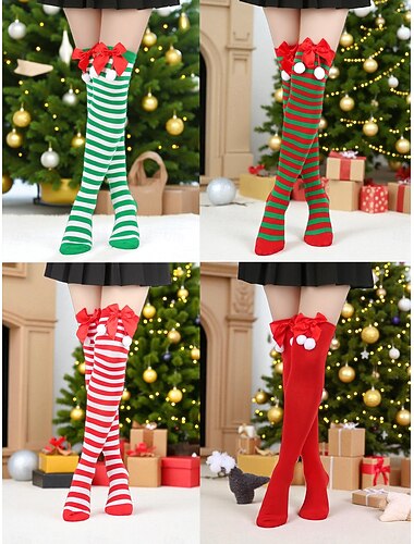  conjunto de meias femininas de natal até a coxa, 4 pares listrados &meias vermelhas sólidas para festas com laços e pompons, meias festivas acima do joelho para festas de inverno &presentes