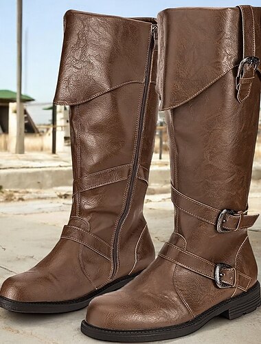  Botas masculinas de couro sintético marrom estilo revival medieval – design clássico com fivela e zíper, perfeitas para reconstituições históricas, cosplay e eventos temáticos