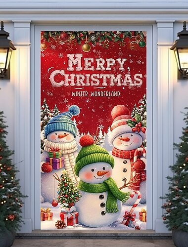 Housse de porte de Noël avec famille de bonhommes de neige, rideau de porte joyeux Noël 2025 au pays des merveilles d'hiver pour décoration extérieure de porte d'entrée, bannière de Noël de vacances   Housse de porte de Noël avec famille de bonhommes de neige, rideau de porte joyeux Noël 2025 au pays des merveilles d'hiver pour décoration extérieure de porte d'entrée, bannière de Noël de vacances