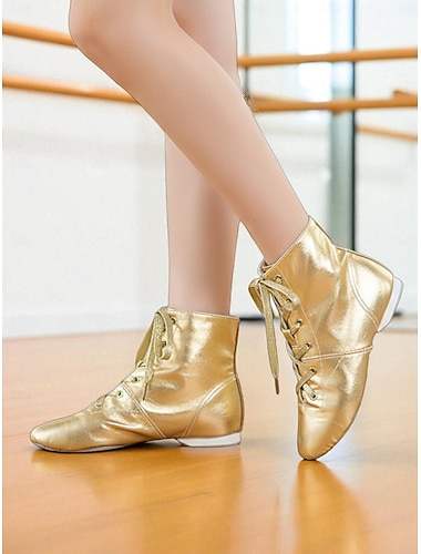  scarpe da ballo jazz da donna con lacci dorati, stivaletti professionali in pelle con suola morbida per esibizioni sul palco & pratica