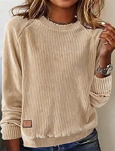  Damen Elegante Oberteile Einfarbig Vintage Stilvoll Klassisch Langarm Rundhalsausschnitt Normale Oberteile Täglich Ausgehen Kamel Herbst Winter