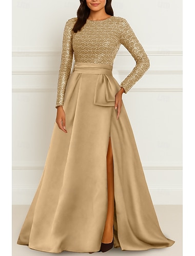  A-linja Kokopitkä Iltapuku Ball Gown Muodollinen mekko Tyylikäs Korkea jaettu Pitkähihainen Tiukka pyöreä kaula-aukko Muodollinen Häät Syksyinen häävieras Satiini Pitsi kanssa Kimalle Kirjonta