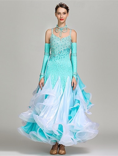  Kjole til dame med strass, gradient, lagdelt organza, elegant vals, tango, foxtrot, konkurranseopptredenskjole – isblå