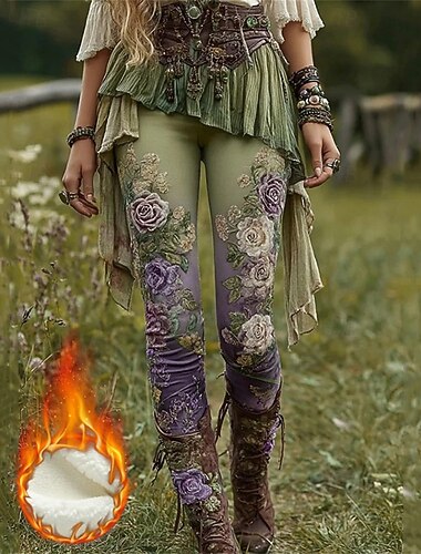 Per donna Leggings Leggings comodi Moda Streetwear Stile Etnico Lunghezza intera Vita Alta Floreale Grafico Stampa Pile Calore Termico Comodo Alta elasticità Vacanza Streetwear Ferie Verde Autunno