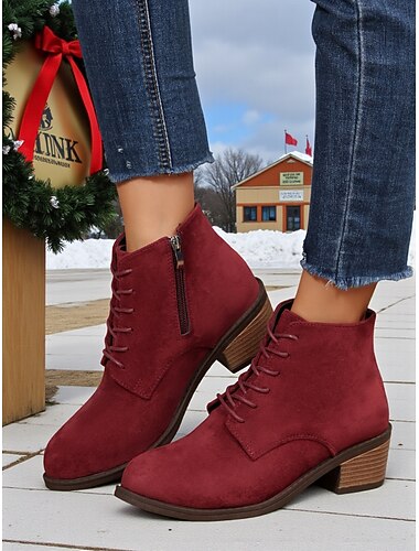 Botas femininas cor de vinho – confortáveis de camurça sintética com zíper lateral, botas de amarrar para looks casuais, natal e atividades ao ar livre   Botas femininas cor de vinho – confortáveis de camurça sintética com zíper lateral, botas de amarrar para looks casuais, natal e atividades ao ar livre