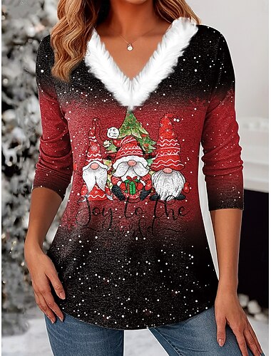  Blusa de Floco de Neve de Papai Noel para Mulheres - Natal - Gráfico - Vintage - Estilo Tropical - Manga Longa - Gola em V - Tops Regulares - Estampa Diário - Patchwork - Preto - Branco - Vinho -