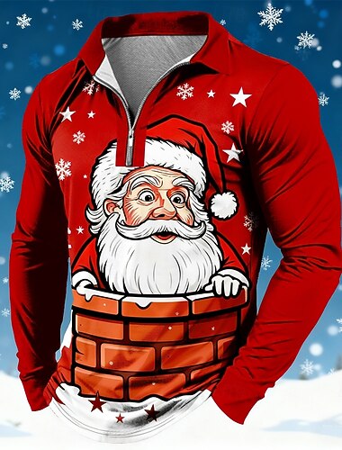  Jul Herre julenissen Polo Langermet Poloskjorter Knaphul Fritid Ferie Dagligdagstøy Festivalantrekk 3D-utskrift Kvart zip-polo Vår Høst Vinter Rød 1 Rød 4 Rød 3