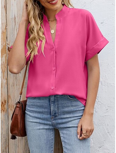  בגדי ריקוד נשים חולצה כפתורים צבע אחיד מסוגנן יום יומי שרוולים קצרים צווארון V חולצות רגילות יומי שחור לבן כחול סקיי פוקסיה תלתן קיץ אביב
