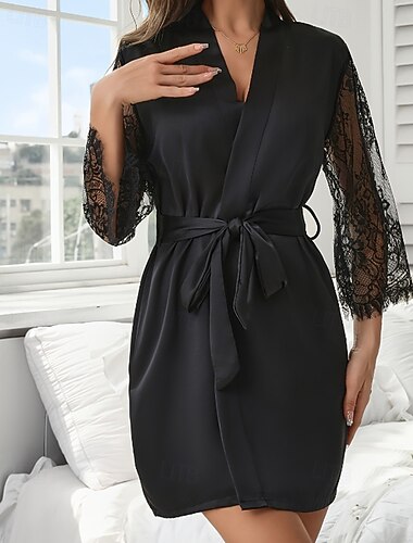  Γυναικεία Πυτζάμες Νυχτικιά Ζεστό Μοντέρνα Σέξι Μονόχρωμες Δαντέλα Σπίτι Κρεβάτι Μακρυμάνικο Λαιμόκοψη V Μαύρο Λευκό Σαμπανιζέ Φθινόπωρο Χειμώνας Κανονικό