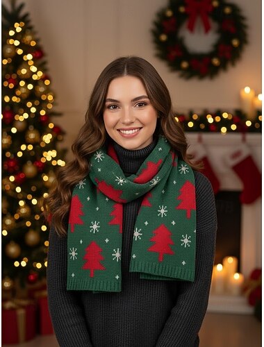 sciarpa natalizia da donna con motivo lavorato a maglia a forma di renna e albero, regalo per le vacanze invernali, comodo accessorio verde   sciarpa natalizia da donna con motivo lavorato a maglia a forma di renna e albero, regalo per le vacanze invernali, comodo accessorio verde