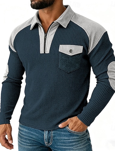  Herren Waffel-T-Shirt Waffel-Henley-Hemd Langarm Revers Viertelreißverschluss Herbst Frühling & Herbst Einfarbig Mode Basic Lässig Taschen Patchwork Farbblock Straße Lässig Sport Schwarz Wein