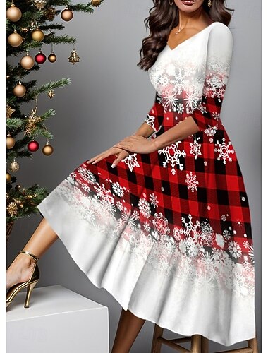  クリスマス 女性用 ミディドレス A ラインドレス 旅行度假风 カジュアル パーティー 日常 お出かけ レギュラー グラフィック クリスマスツリー スノーフレーク柄 七分袖 Ｖネック ブルー ワイン ルビーレッド ロイヤルブルー 春 秋 冬