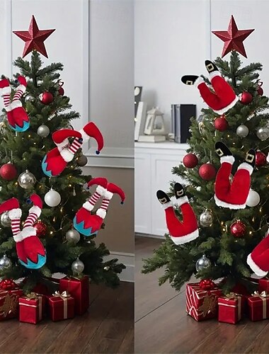  Joulupukin tontun jalat joulukuusenkoristeilla - punaiset &Mustaraidalliset pehmokoristeet kierrettävällä muodolla, tukeva ripustuslenkki joulukuuseen, kotiin, juhlatarvikkeisiin