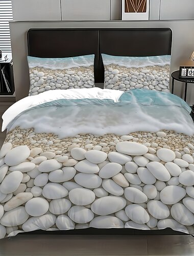  Set copripiumino in piuma d'oca con stampa di ciottoli da spiaggia, 3 pezzi, per letto matrimoniale, morbido copripiumino con 2 federe – hotel &biancheria da letto per gli ospiti, accogliente & comodo