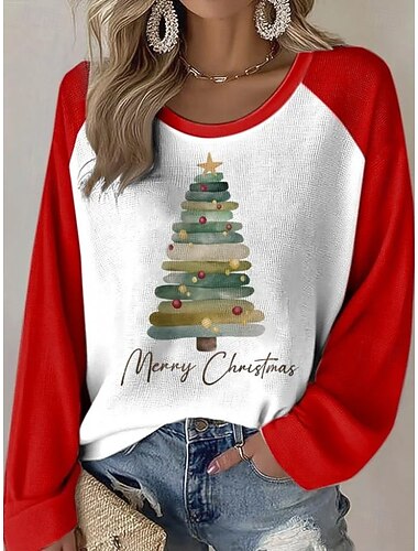  Julekvinne Juletrær T-skjorte Grafisk Vintage Stilig Klassisk Langermet Crew Neck Rund Hals Vanlige topper Daglig Helg Utskrift Svart Rød Grønn Vår Høst Vinter