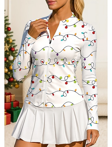  Natale Per donna Luci di Natale Top Maglietta sportiva Maglia da tennis Manica Lunga Cerniera UPF50+ Resistente ai Raggi UV Alta elasticità Traspirante Pallavolo Tennis Golf Il giro Collo alla coreana