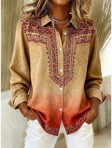  نسائي قميص بلوزة ورد الرسم هندسي بوهيميا عتيق كاجوال كم طويل قبعة القميص قمصان عادية مناسب للبس اليومي بقع Buttons طباعة برتقالي بني أخضر الربيع الخريف الشتاء