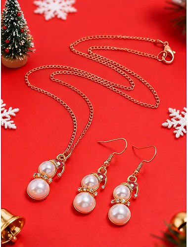  set di gioielli da donna a forma di pupazzo di neve con perle, collana e orecchini in 2 pezzi con catena in oro &dettagli di strass per le feste di Natale &celebrazioni delle feste