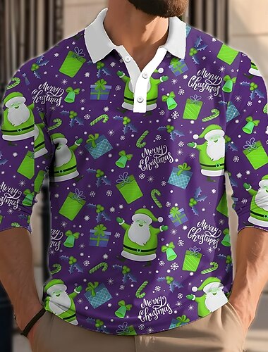  Noël Homme Père Noël Polo manche longue Polos Revers Occasionnel Extérieur Tenue quotidienne Vêtements de festival Impression 3D Boutons Printemps Automne Hiver Violet Marron Vert