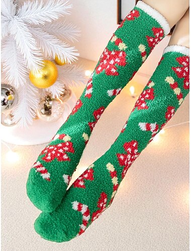  Dames kerstkniekousen, warme, comfortabele winterkousen met feestelijk roodgroen sterrenpatroon voor tijdens de feestdagen &geschenken