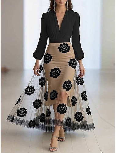  Női Fekete Tavasz Ősz Maxiruha Hüvelyruha A vonalú ruha Buli Előírásos Előírásos Parti Normál Virágos V-alakú