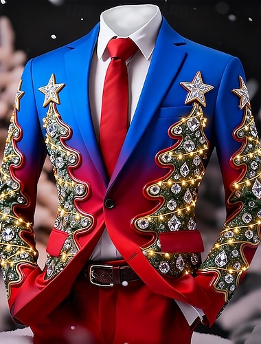  Noël Homme Arbre de Noël Veste blazer Confortable Artistique Occasionnel Tenue de soirée Quotidien Festival Boutons Imprimé Printemps Automne Hiver Cranté manche longue Rouge 1 Rouge Bleu