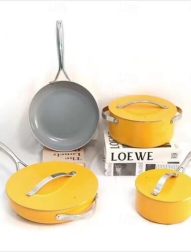  Kokekarsett i keramisk stål (7 deler) - gryter, panner, lokk og kjøkkenoppbevaring - giftfri - ovnssikker, egnet for alle komfyrer - ringblomst