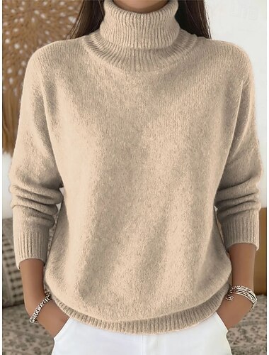  Dame Genser Elegant Mote Daglig Rullekrage Strikket Langermet Vanlige topper Strikke Daglig Rosa Rød Vår Høst