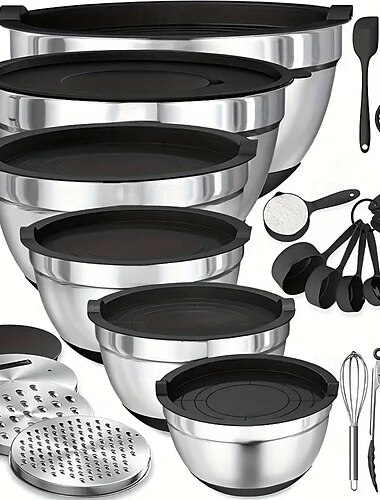  ruostumattomasta teräksestä valmistetut munakulhot, paksunnetut kannet, liukumattomat värilliset silikonipohjaiset salaattikulhot, leivontavälineet, sekoituskulhot ja -altaat