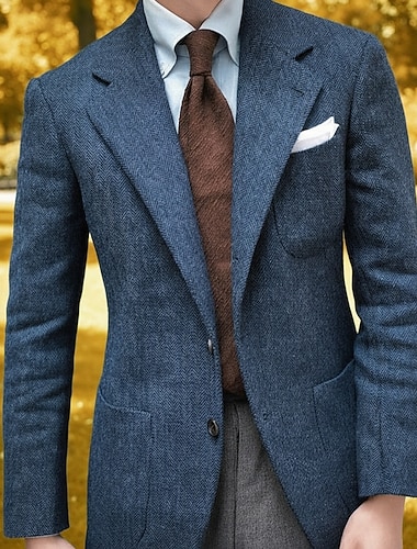  Miesten Tweed bleiseri Lovikaulus Retro / vintage Kalanruoto Blazer Sininen Pluskoko Yksiriviset kaksinappia