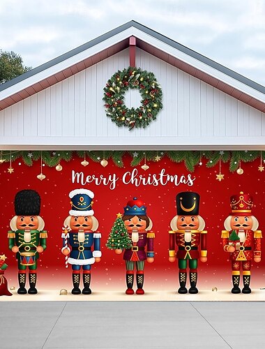 Housse de porte de garage de Noël avec des soldats Casse-Noisette, bannière de garage de vacances rouge joyeux Noël décoration de Noël extérieure pour la décoration de l'allée de la maison de la cour   Housse de porte de garage de Noël avec des soldats Casse-Noisette, bannière de garage de vacances rouge joyeux Noël décoration de Noël extérieure pour la décoration de l'allée de la maison de la cour