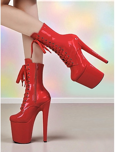 Botas femininas de couro envernizado vermelho com cadarço e plataforma - botas de palco sensuais com salto agulha alto para artistas e casas noturnas &roupas de festival   Botas femininas de couro envernizado vermelho com cadarço e plataforma - botas de palco sensuais com salto agulha alto para artistas e casas noturnas &roupas de festival
