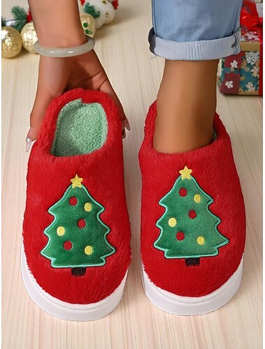  Papuci de pluș pentru femei cu model brad de Crăciun – încălțăminte caldă din fleece pentru interior, pentru iarnă, sărbători și relaxare acasă