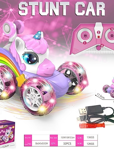  macchina radiocomandata acrobatica unicorno rosa con ruote illuminate a LED - telecomando che si ribalta &veicolo rotante per ragazze