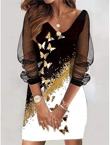  Γυναικεία Μίνι φόρεμα Φόρεμα ριχτό Καθημερινό Καθημερινά Αργίες Κανονικό Ombre Φλοράλ Πεταλούδα Μακρυμάνικο Λαιμόκοψη V Μαύρο Λευκό Βυσσινί Χρυσό Άνοιξη Φθινόπωρο
