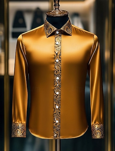  رجالي زخرفات طباعة زهور عرقي قميص قميص الساتان قميص رسمي كم طويل ريترو خمر عطلة مناسب للبس اليومي الصيف الربيع الخريف طوي طباعة ثلاثية الأبعاد قمصان بأزرار أسود ذهبي