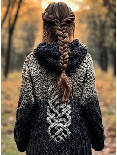  Women's Cardigan Daily Casual Graphic Geometric Ribbed Hooded Patchwork Pocket Buttons Long Sleeve Long Tops Knit Outdoor Weekend Black Blue Fall Winter